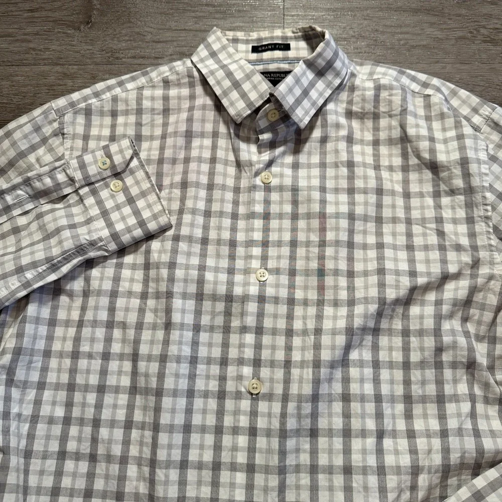 Banana Republic Shirt Mens‎ M Gray Supima Cotton Grant Fit Plaid Casual Preppy
